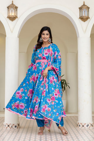 Sky Blue Floral Digital Printed Chinon Co-Ord Set with Dupatta – Fully Stitched & Ready to Wear ClothsVilla