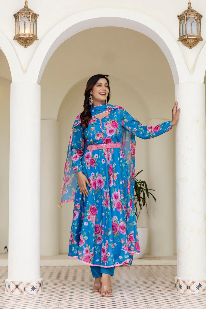 Sky Blue Floral Digital Printed Chinon Co-Ord Set with Dupatta – Fully Stitched & Ready to Wear ClothsVilla