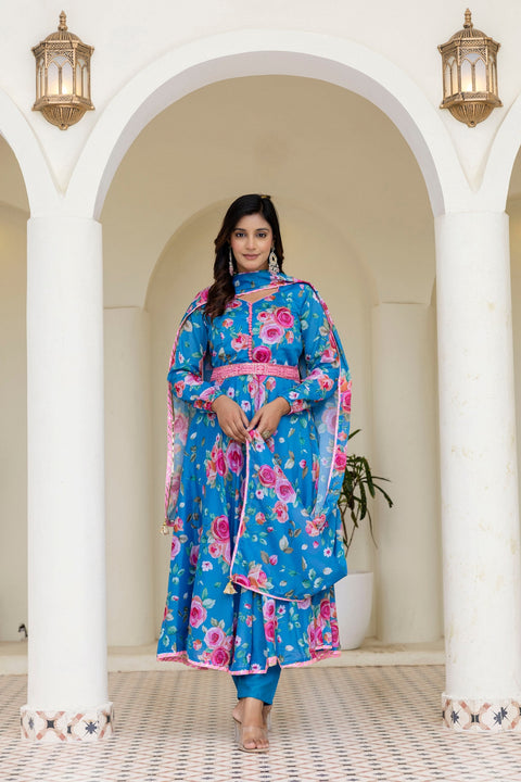 Sky Blue Floral Digital Printed Chinon Co-Ord Set with Dupatta – Fully Stitched & Ready to Wear ClothsVilla Main image