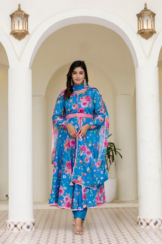 Sky Blue Floral Digital Printed Chinon Co-Ord Set with Dupatta – Fully Stitched & Ready to Wear ClothsVilla