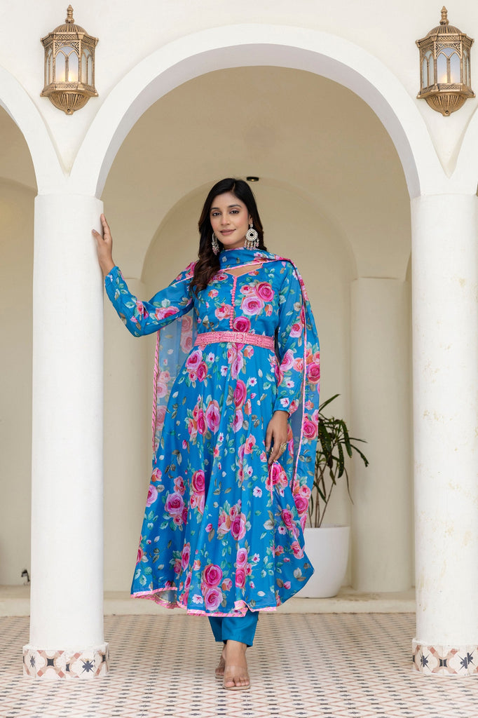 Sky Blue Floral Digital Printed Chinon Co-Ord Set with Dupatta – Fully Stitched & Ready to Wear ClothsVilla