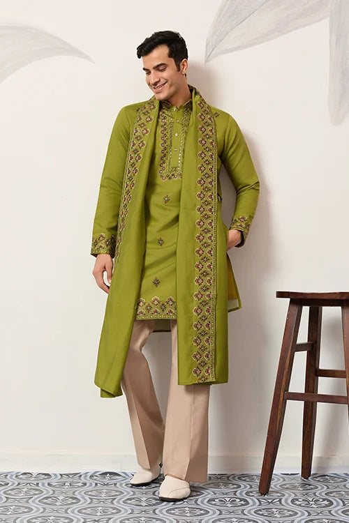 Classic Wedding Fluorescent Green Mens Wear Kurta with Dupatta Clothsvilla