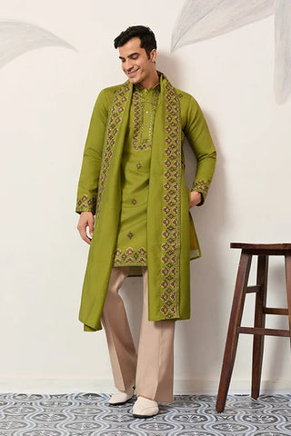 Classic Wedding Fluorescent Green Mens Wear Kurta with Dupatta Clothsvilla