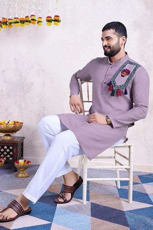 Dusty Purple Embroidered Men's Kurta - Formal Wear Clothsvilla