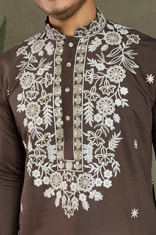 Wedding Functions Chocolate Gray Embroidered Kurta Clothsvilla