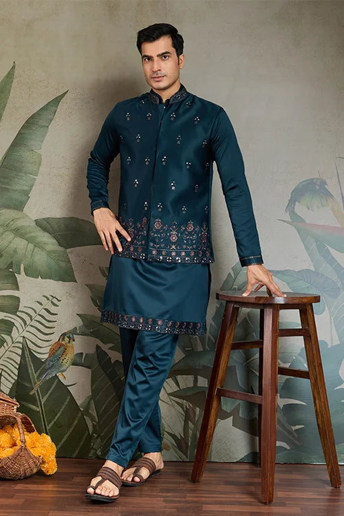 Teal Blue Embroidered Kurta Koti Set for Men Clothsvilla