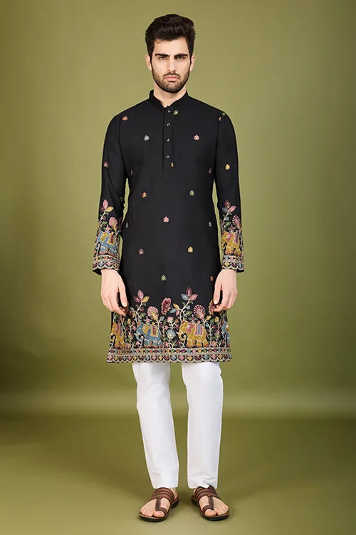 Black Color Cotton Embroidered Work Kurta for Men Clothsvilla