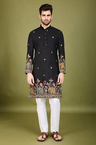 Black Color Cotton Embroidered Work Kurta for Men Clothsvilla