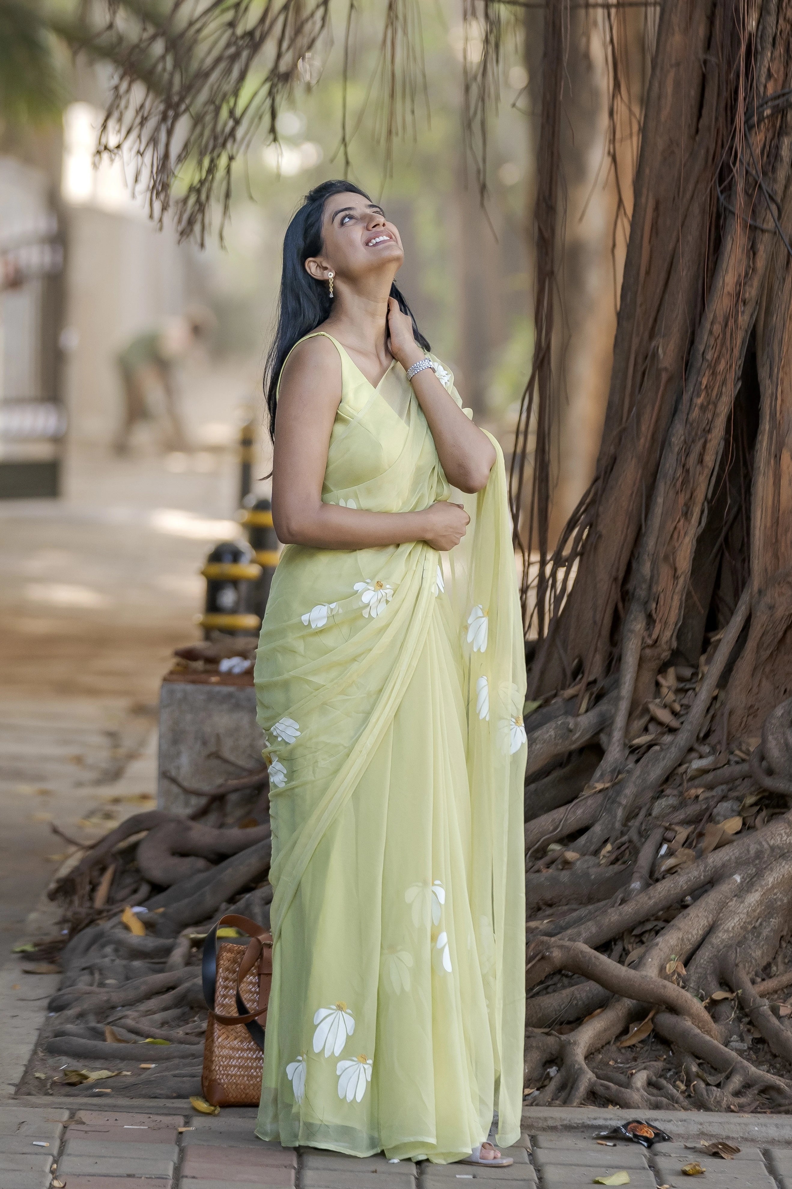 Lemon Yellow Hand-Painted Pure Georgette Saree with White Floral Motifs & Sequin Detailing | Modal Satin Blouse FANCY SAREES