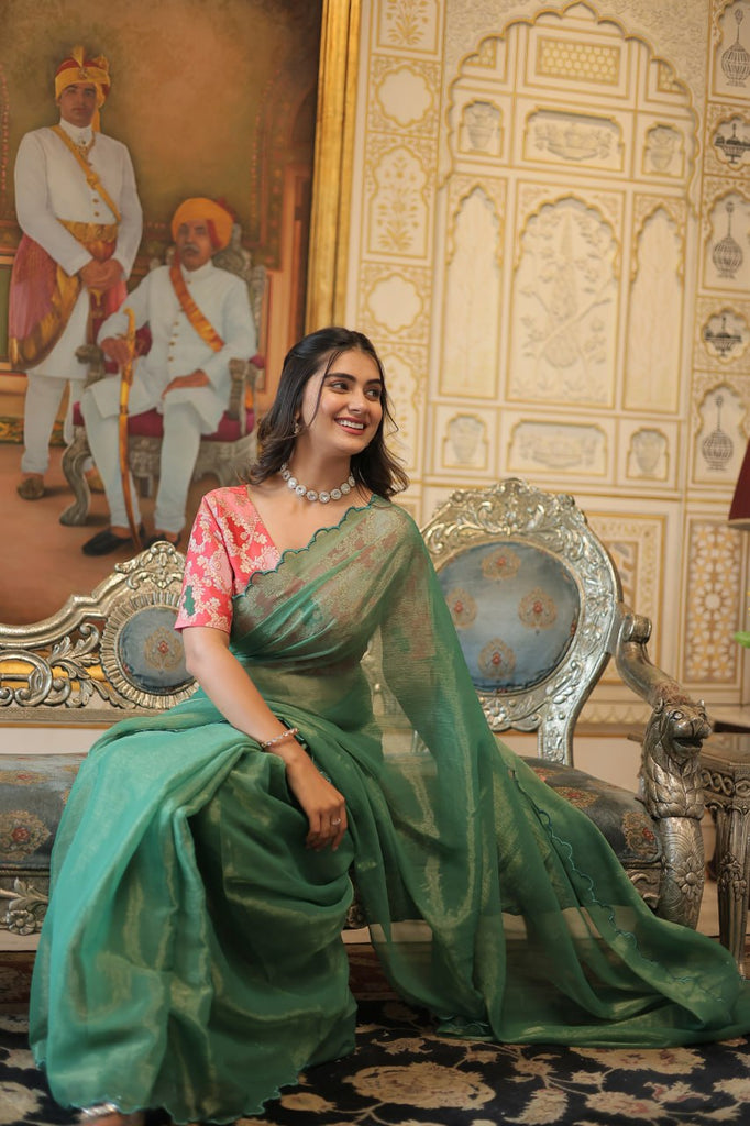 Elegant Gold Coin Green Saree with Arko Cut Work Border and Viscose Jacquard Blouse ClothsVilla