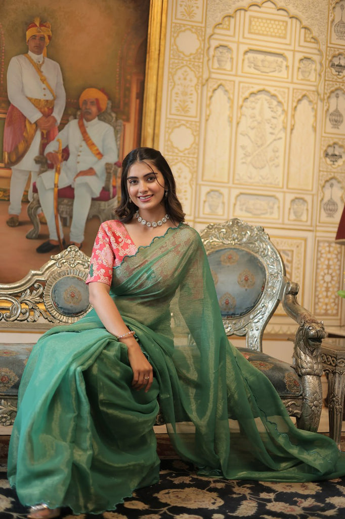 Elegant Gold Coin Green Saree with Arko Cut Work Border and Viscose Jacquard Blouse ClothsVilla