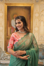 Load image into Gallery viewer, Elegant Gold Coin Green Saree with Arko Cut Work Border and Viscose Jacquard Blouse ClothsVilla