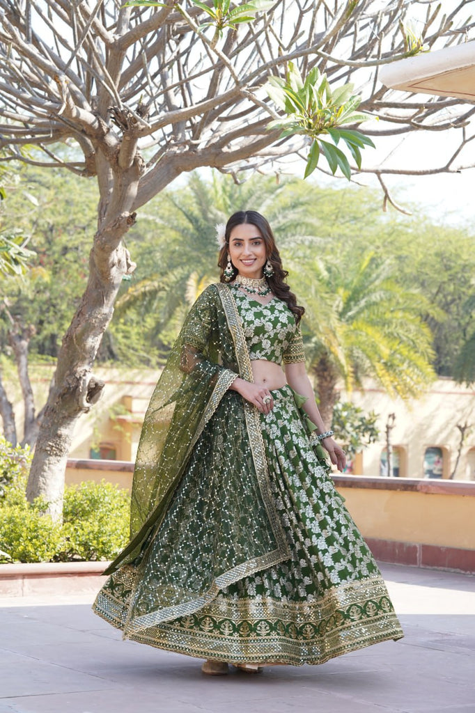 Designer Dyeable Viscose Jacquard Green Lehenga Choli & Dupatta Set with Sequins Embroidery ClothsVilla