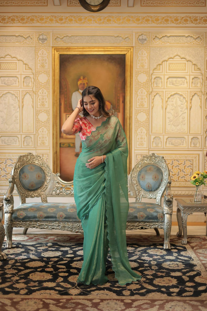 Elegant Gold Coin Green Saree with Arko Cut Work Border and Viscose Jacquard Blouse ClothsVilla