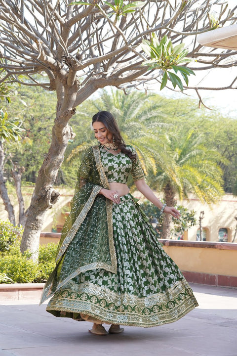 Designer Dyeable Viscose Jacquard Green Lehenga Choli & Dupatta Set with Sequins Embroidery ClothsVilla Main image