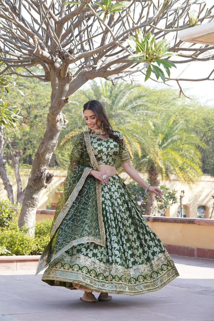 Designer Dyeable Viscose Jacquard Green Lehenga Choli & Dupatta Set with Sequins Embroidery ClothsVilla