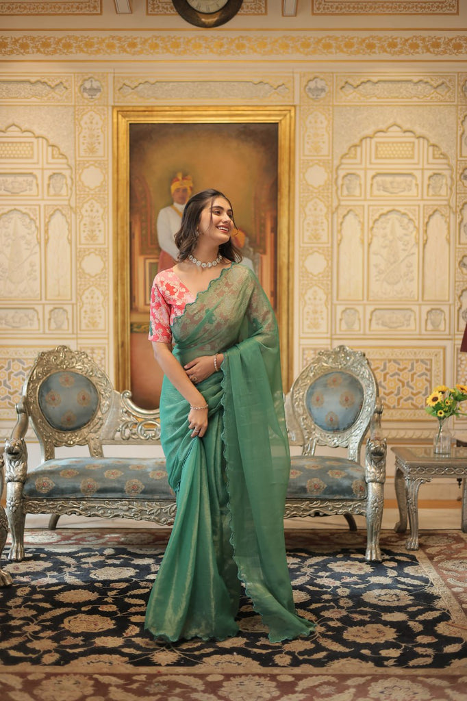 Elegant Gold Coin Green Saree with Arko Cut Work Border and Viscose Jacquard Blouse ClothsVilla