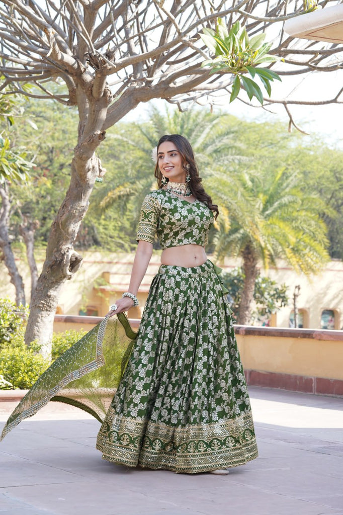 Designer Dyeable Viscose Jacquard Green Lehenga Choli & Dupatta Set with Sequins Embroidery ClothsVilla