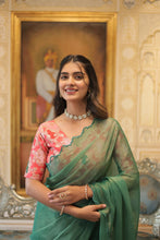 Load image into Gallery viewer, Elegant Gold Coin Green Saree with Arko Cut Work Border and Viscose Jacquard Blouse ClothsVilla