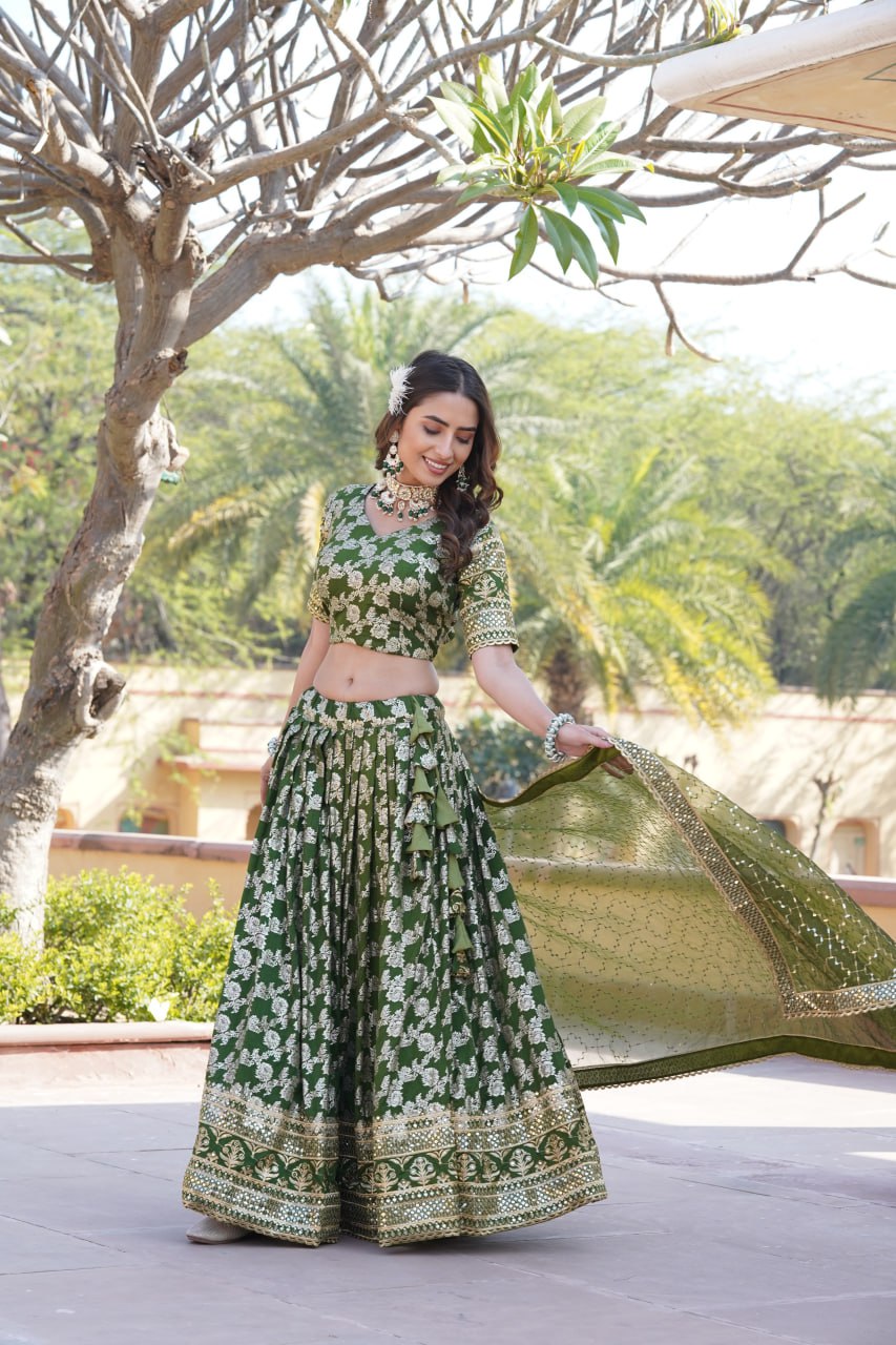 Designer Dyeable Viscose Jacquard Green Lehenga Choli & Dupatta Set with Sequins Embroidery ClothsVilla