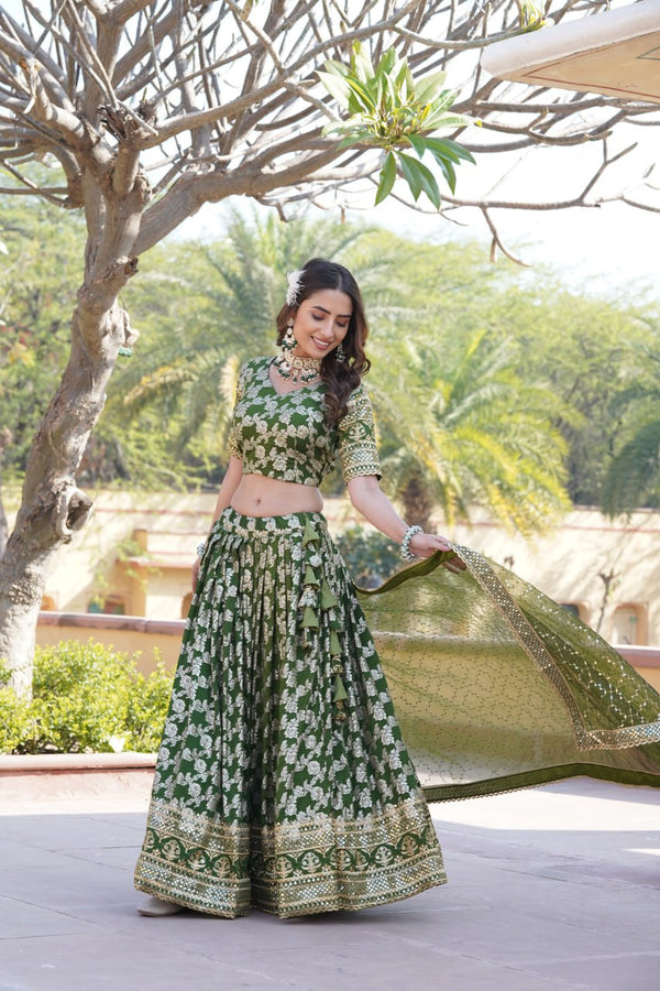 Designer Dyeable Viscose Jacquard Green Lehenga Choli & Dupatta Set with Sequins Embroidery ClothsVilla