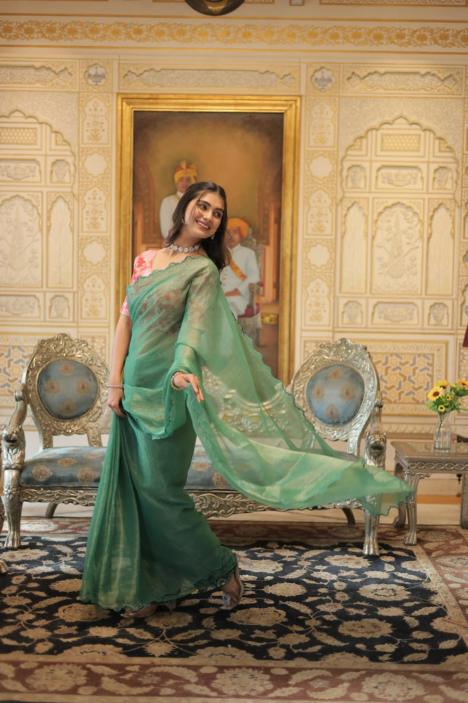 Elegant Gold Coin Green Saree with Arko Cut Work Border and Viscose Jacquard Blouse ClothsVilla