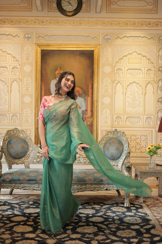 Elegant Gold Coin Green Saree with Arko Cut Work Border and Viscose Jacquard Blouse ClothsVilla