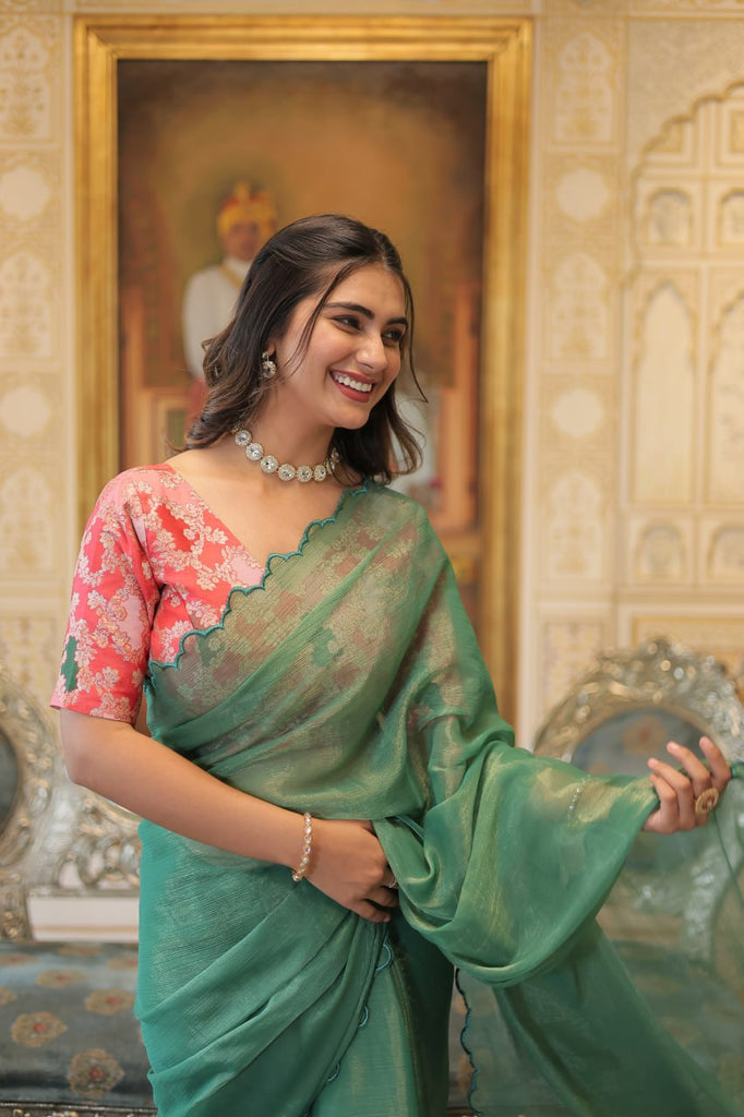 Elegant Gold Coin Green Saree with Arko Cut Work Border and Viscose Jacquard Blouse ClothsVilla