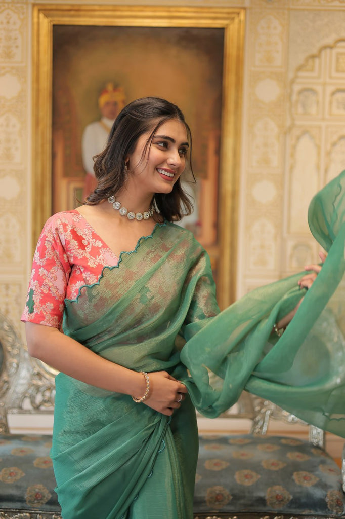 Elegant Gold Coin Green Saree with Arko Cut Work Border and Viscose Jacquard Blouse ClothsVilla