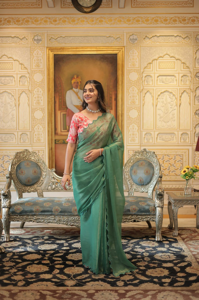 Elegant Gold Coin Green Saree with Arko Cut Work Border and Viscose Jacquard Blouse ClothsVilla