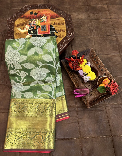 Exquisite Kanjivaram Silk Green Saree with Zari Weaving Work ClothsVilla Main image
