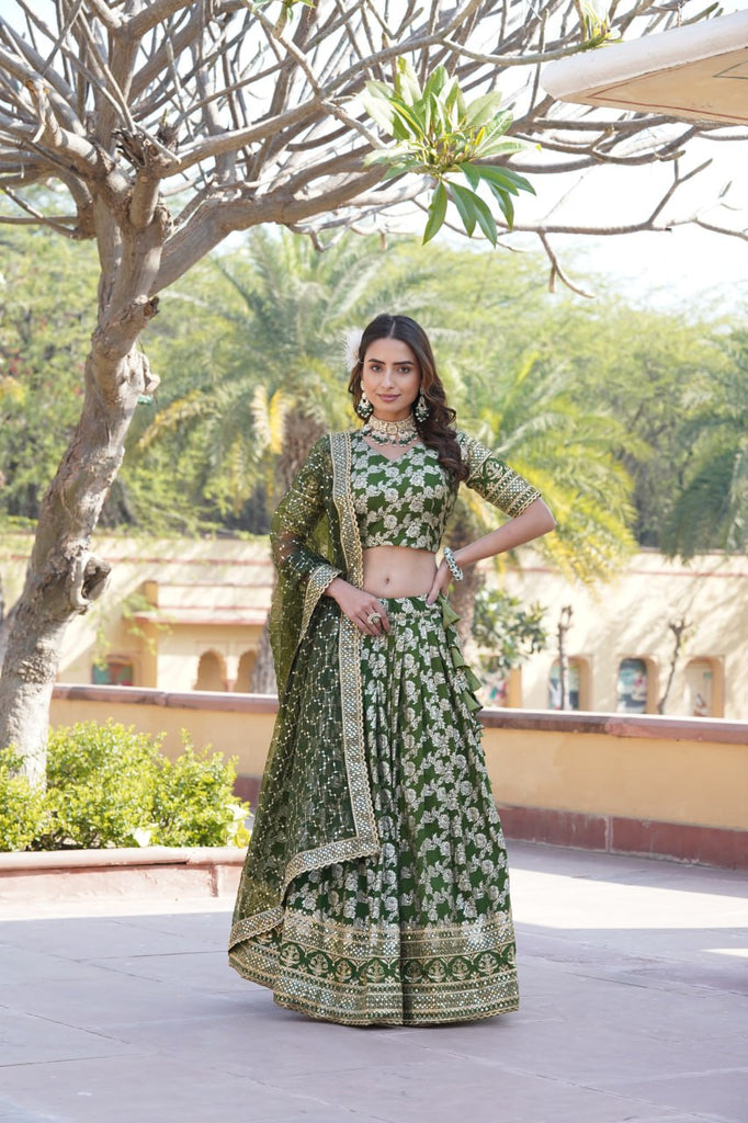 Designer Dyeable Viscose Jacquard Green Lehenga Choli & Dupatta Set with Sequins Embroidery ClothsVilla