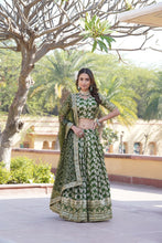 Load image into Gallery viewer, Designer Dyeable Viscose Jacquard Green Lehenga Choli &amp; Dupatta Set with Sequins Embroidery ClothsVilla