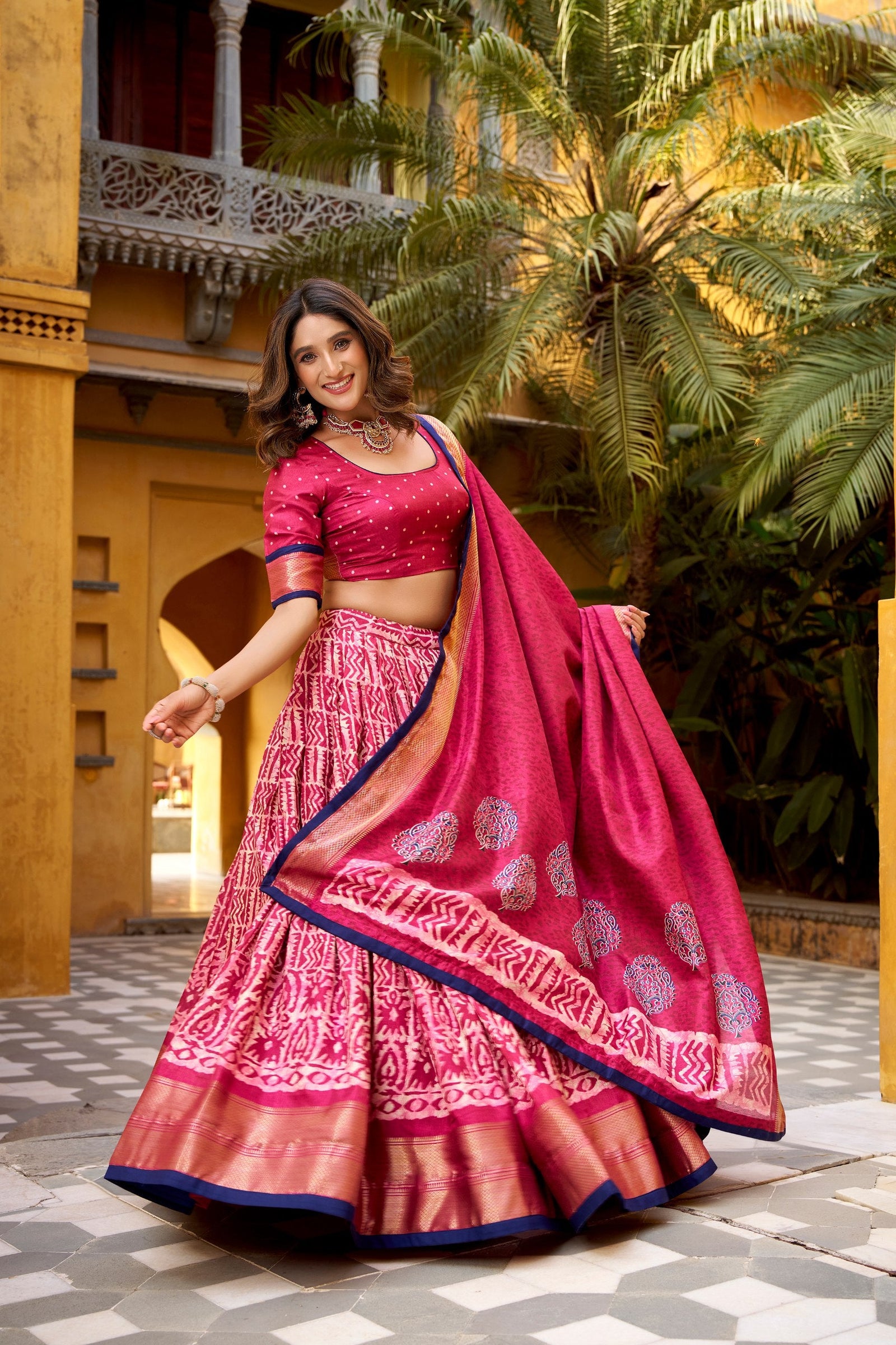 Gajari Dola Silk Batik Print Lehenga Choli Set with Zari Weaving & Matching Dupatta – Fully Stitched Designer Ethnic Wear ClothsVilla