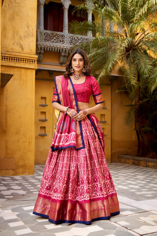 Gajari Dola Silk Batik Print Lehenga Choli Set with Zari Weaving & Matching Dupatta – Fully Stitched Designer Ethnic Wear ClothsVilla