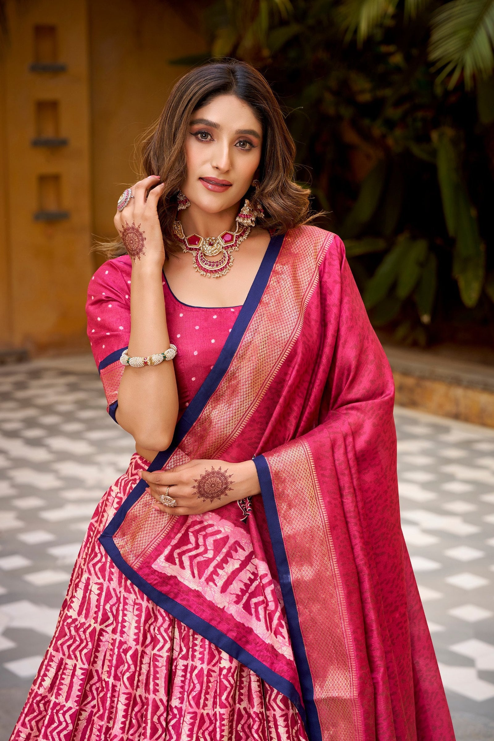 Gajari Dola Silk Batik Print Lehenga Choli Set with Zari Weaving & Matching Dupatta – Fully Stitched Designer Ethnic Wear ClothsVilla