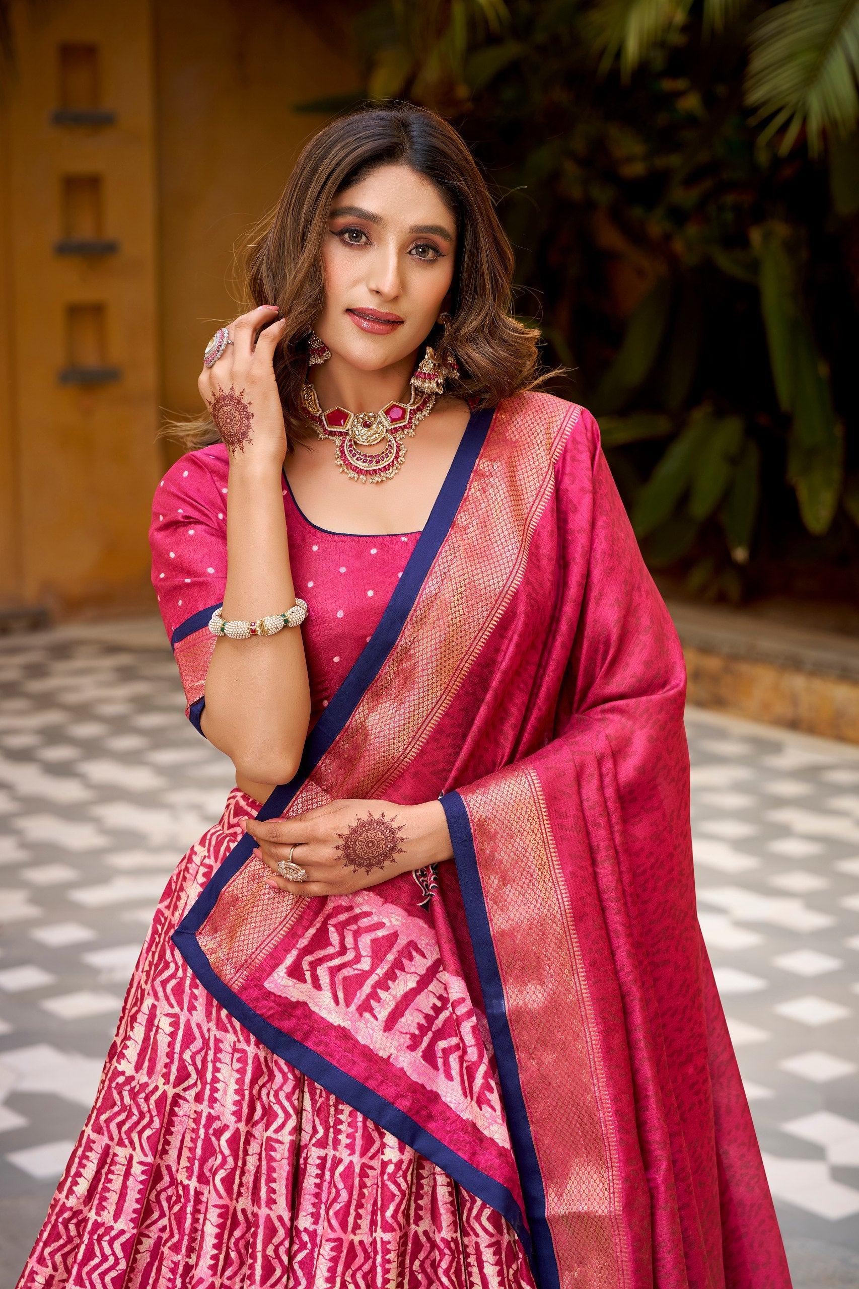 Gajari Dola Silk Batik Print Lehenga Choli Set with Zari Weaving & Matching Dupatta – Fully Stitched Designer Ethnic Wear ClothsVilla