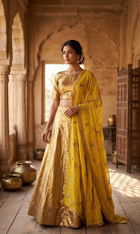 Gold Banarasi Zari Silk Lehenga Set with Sequins Georgette Dupatta ClothsVilla Main image