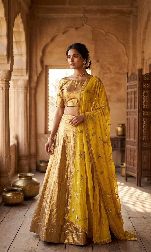 Gold Banarasi Zari Silk Lehenga Set with Sequins Georgette Dupatta ClothsVilla