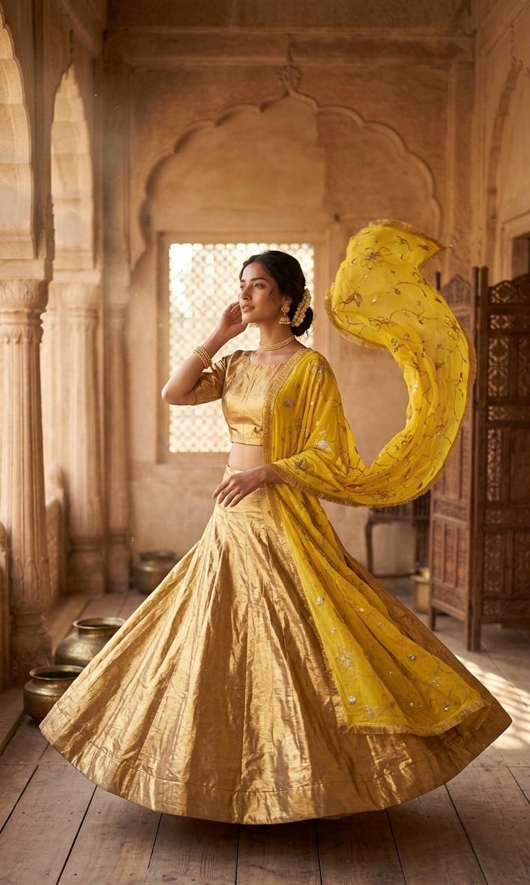 Gold Banarasi Zari Silk Lehenga Set with Sequins Georgette Dupatta ClothsVilla
