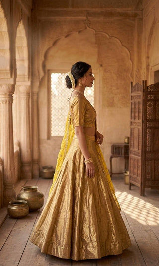 Gold Banarasi Zari Silk Lehenga Set with Sequins Georgette Dupatta ClothsVilla