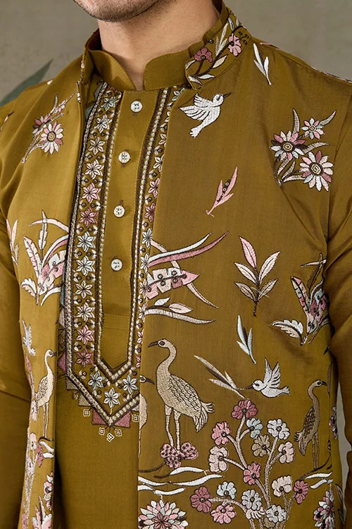 Golden Olive Open Koti Style Kurta Pajama Set for Men Clothsvilla