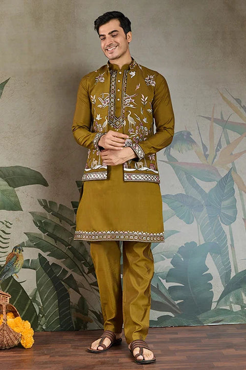 Golden Olive Open Koti Style Kurta Pajama Set for Men Clothsvilla Main image