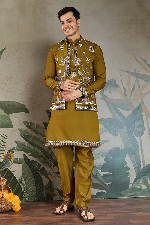Golden Olive Open Koti Style Kurta Pajama Set for Men Clothsvilla Main image