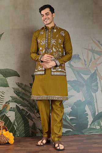 Golden Olive Open Koti Style Kurta Pajama Set for Men Clothsvilla