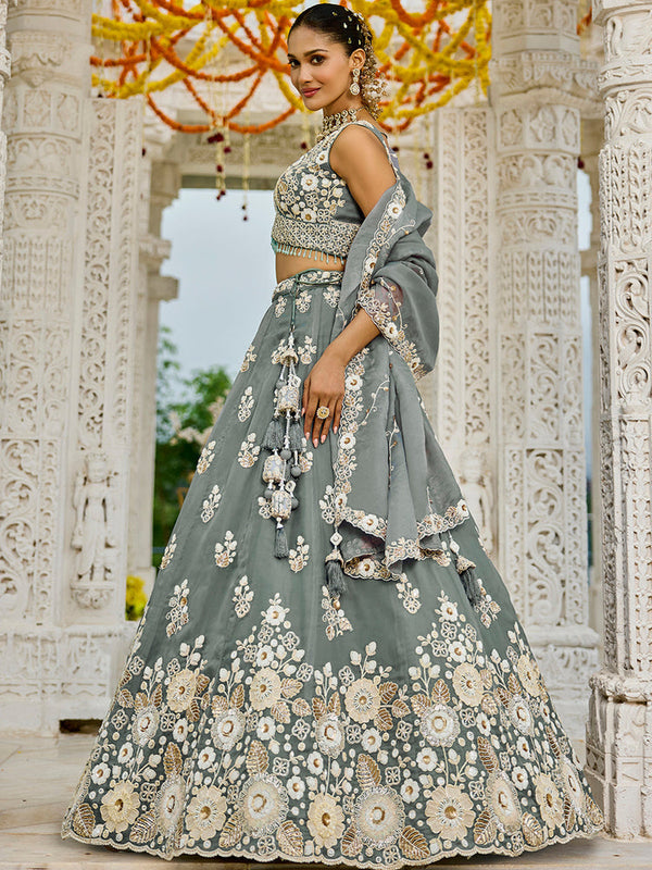Gray Designer Organza Sequin & Embroidery Work Lehenga Choli with Dupatta – 4Meter Grand Flair, Fully Stitched ClothsVilla