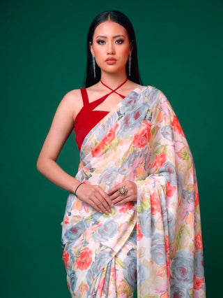 Gray Elegant Floral Printed Dull Satin Saree with Moonga Silk Blouse ClothsVilla