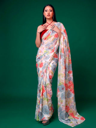 Gray Elegant Floral Printed Dull Satin Saree with Moonga Silk Blouse ClothsVilla
