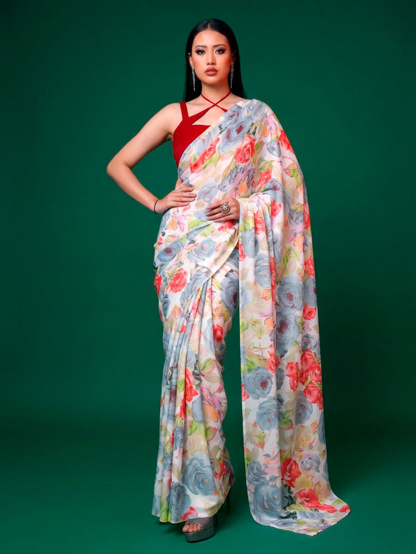 Gray Elegant Floral Printed Dull Satin Saree with Moonga Silk Blouse ClothsVilla