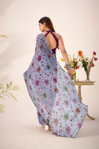 Gray Elegant Lurex Brasso Saree with Floral Viscose Brasso Work & Silk Blouse Piece ClothsVilla
